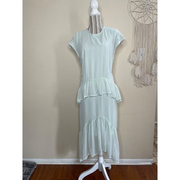 Vero Moda Pastel Midi Dress Ruffle Tiered Mint Green Lined Dress Size L - Picture 12 of 14